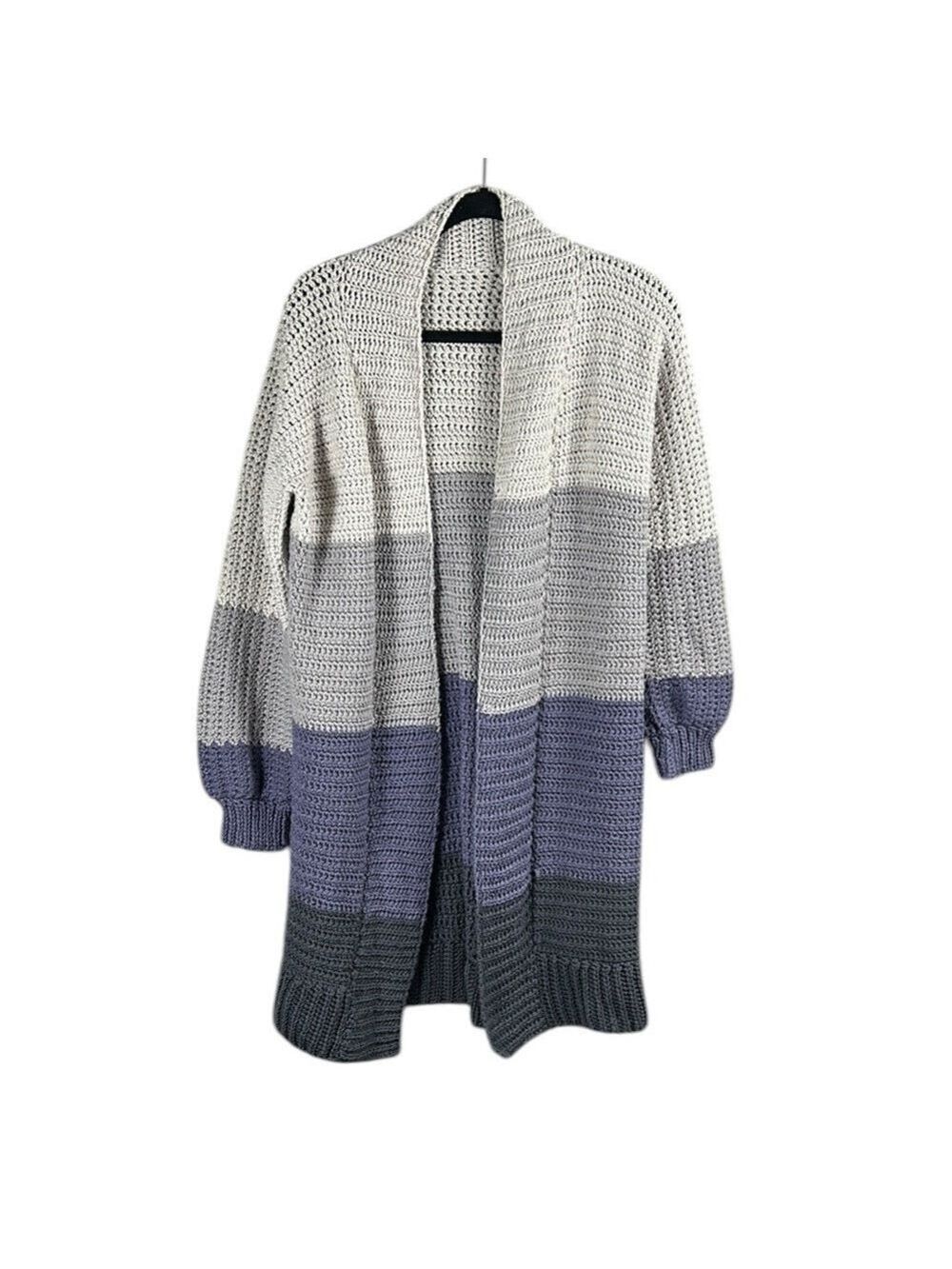 Vintage Handknit Color Block Open Front Cardigan Size XL